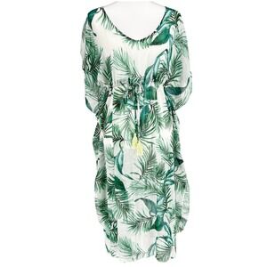 Palm Print Kaftan Cover Up Dress Green White Size Small Tassel Boho Beach Resort